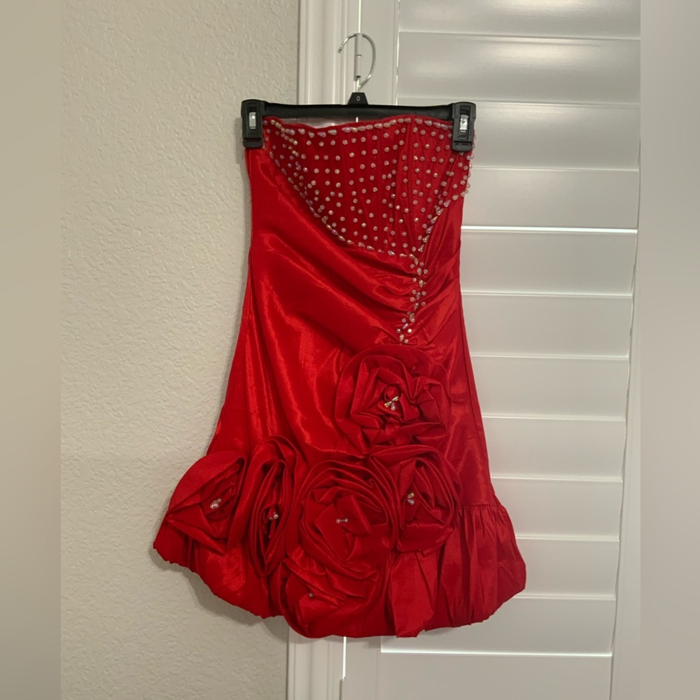 Daisy Red Dress With Beads and Flowers Designed Bottom Tail